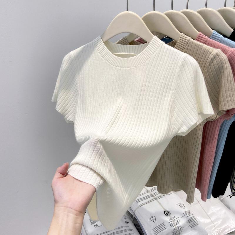 Gentle wind pit strip round neck with knitted short-sleeved women's summer soft waxy and thin solid color temperament bottoming top