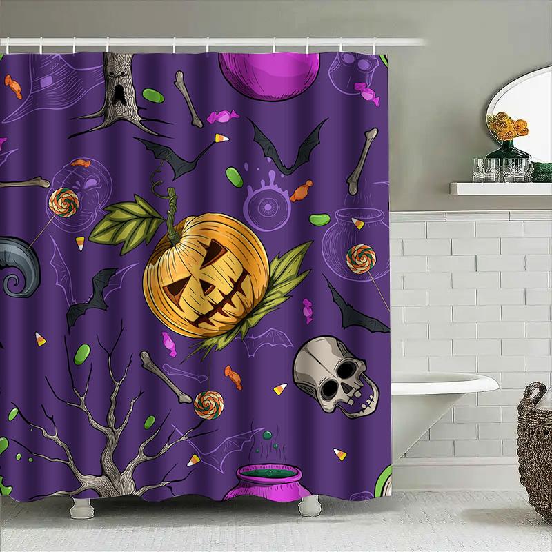 

Tuniu Halloween Bat Skull Candy Pumpkin Shower Curtain Spooky Decor Bathroom Decor W60H190(CM)-1 Pcs