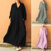 Outono Primavera Mulheres Maxi Vestido A-line Bainha Solta Mangas Compridas Decote V Plissado com Bolsos Laterais Pulôver Cor Pura Vestido de Uso Diário Bolsas