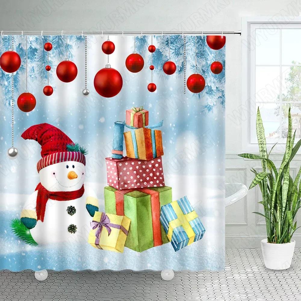 Christmas Shower Curtains Cute Snowman Birds Pine Trees Winter Forest Landscape Xmas Bathroom Decor Fabric Bath Curtain Sets