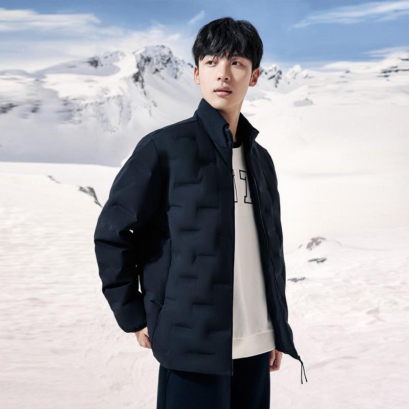 Anta Solid Color Zipper Stand Collar Long Sleeve Down Jacket Men Outerwear Basic-Black 952347914-5