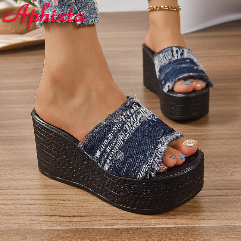 Fashion Aphixta 3.54 Inch Platform Women's Slides Denim Cotton Fabrics Shoes Slippers Jean Wedge Heel Beach Plus Size 42 43