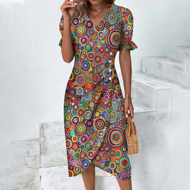 Vestito da ufficio vintage slim boho elegante con stampa floreale, maniche a sbuffo, abito da festa da donna, scollo a V, bottoni drappeggiati, irregolare, a trapezio