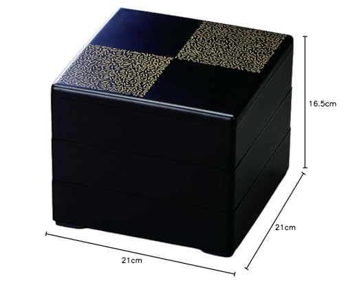 J-kitchens 3-Tiered Jubako (7.0-inch) - Matte Black with Gold Checkered Pattern, 21.0cm x 21.0cm x 16.5cm, Made in Japan