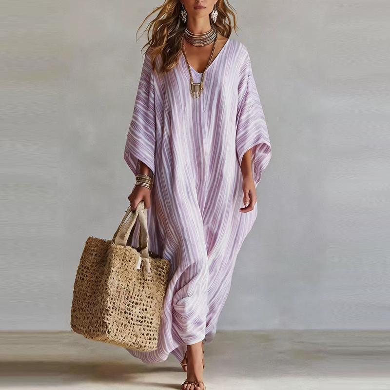 Women Striped V-Neck Loose Dress Elegant Casual Stylish Half-Sleeved Ankle Dress Female Outdoor Vacation Style Beach Dress