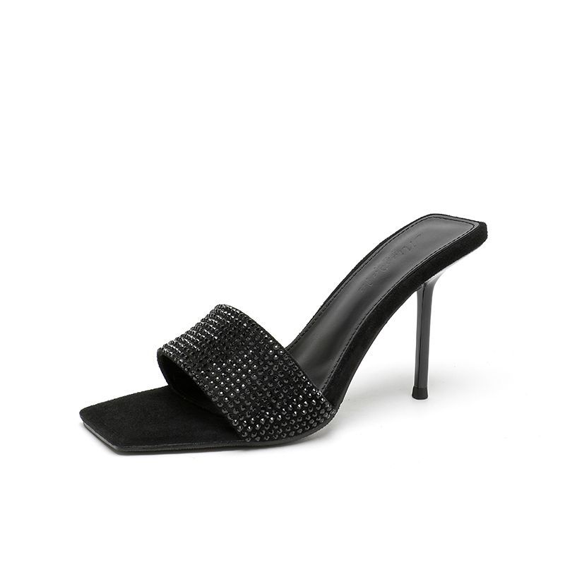 Square-headed Rhinestone Open-toed Stiletto Sandals 2025 Summer New Fashionable Versatile Sexy Roman High-heeled Sandals Women