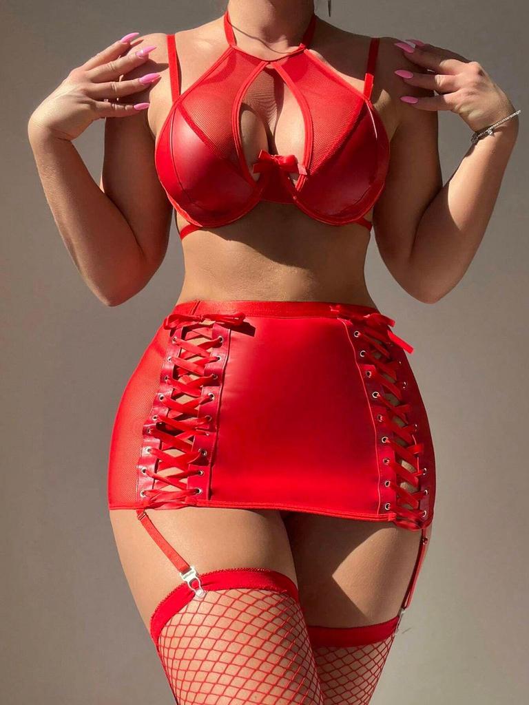 Europejski i Amerykański Siateczkowy i Skórzany Zestaw Bielizny z Paskami