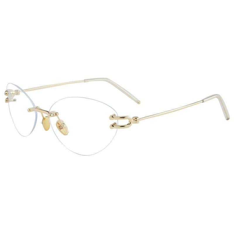 High Intelligence Borderless Gold Silk Cat Eye Glasses Female Retro Personality Concave Shape Thin Anti-Blue Flat Light Glasses Frame