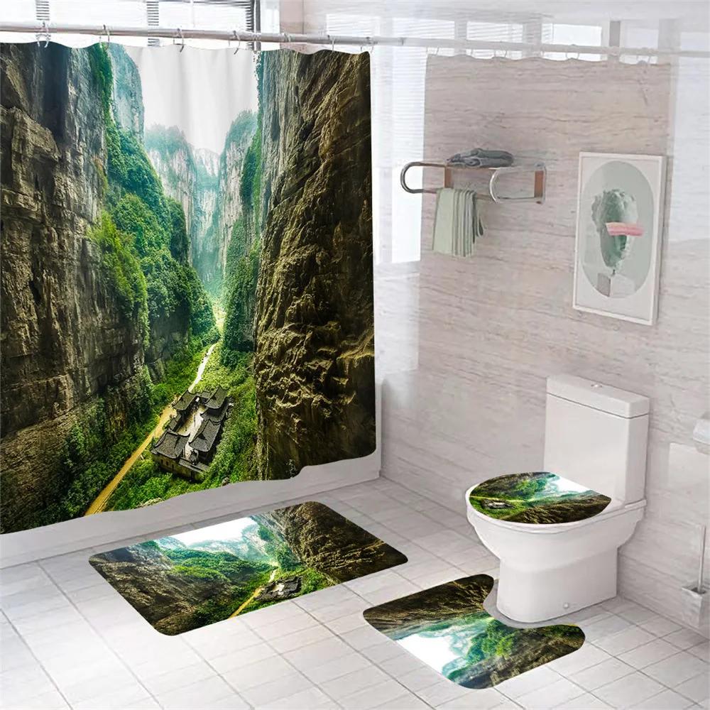 Nature Scenery Shower Curtain Set Green Forest Mountain River Landscape Bathroom Shower Curtain Waterproof Fabric Bathroom Sets