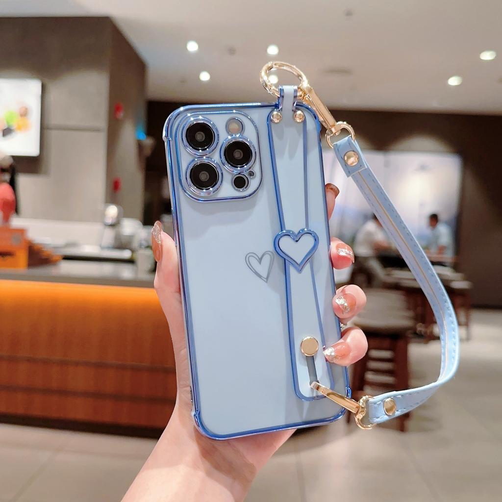 Electroplated Love Heart for IPhone16 Promax Wristband Holder for Apple 15 Simple Protective Case with Lanyard