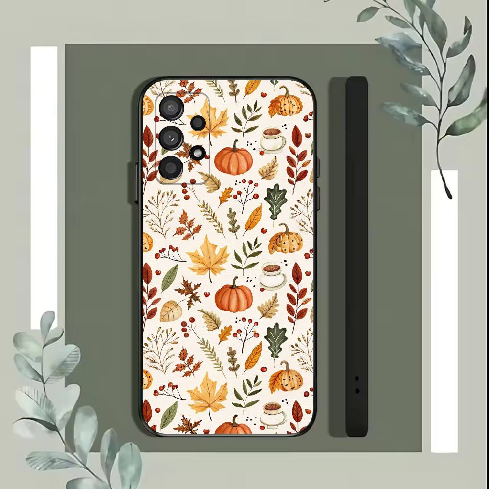 Funda de Teléfono Hojas de Otoño Calabaza Para Samsung S25,S24,S21,S22,S23,S30,Ultra,S20,Plus,Fe,Lite,5G Funda Negra