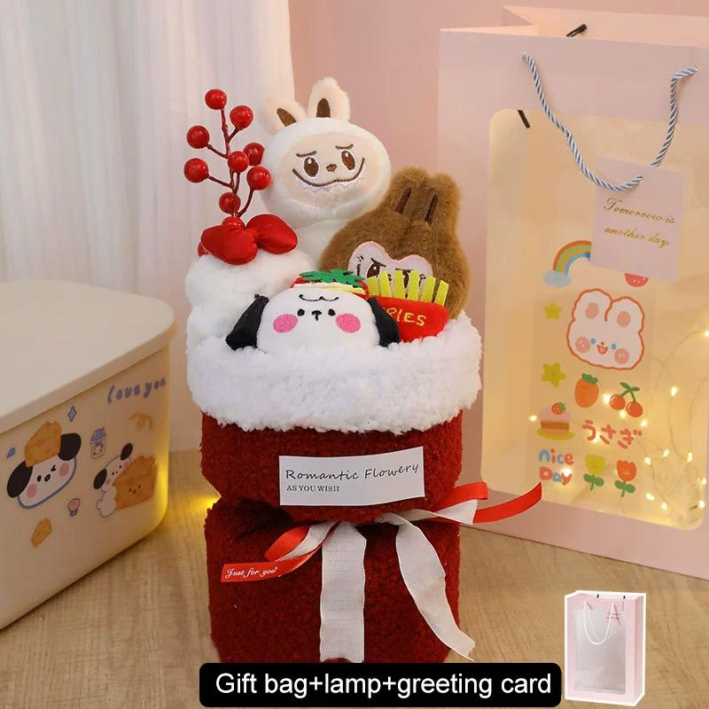 

1 букет со световой гирляндой Креативный подарок на День святого Валентина Мультяшный детский день рождения Милые букеты из кукол Подруге поздравительная открытка белый/красный