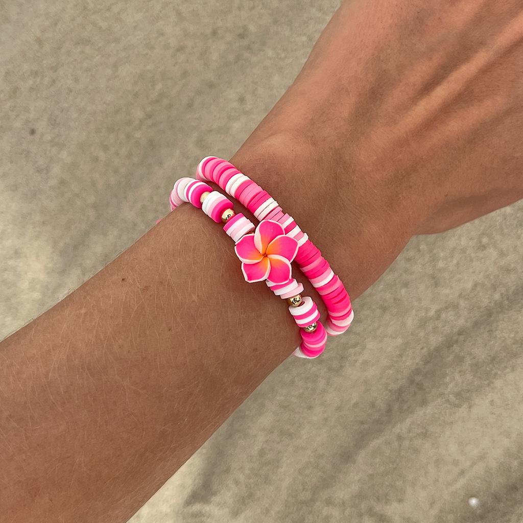 Cross Mirror Bohemian Soft Pottery Flower Elastic Bracelet, Beach Vacation Colorful Beaded Bracelets For Women