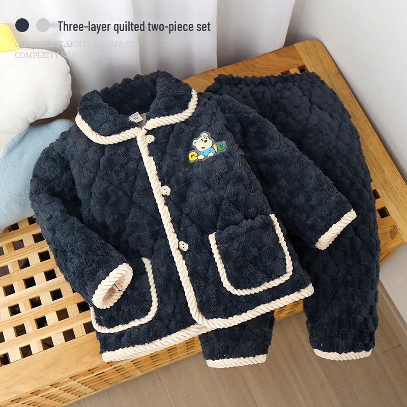 Kids' Winter 3-Layer Quilted Pajamas Coral Fleece Set - Boys, Girls, Babies & Parent-Child Outerwear