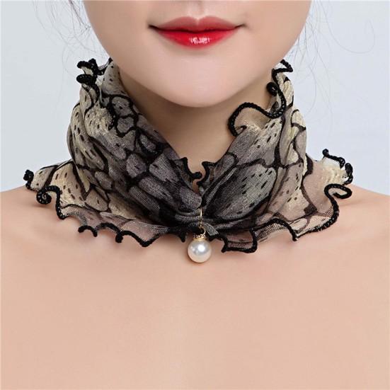 Scarf Painting Print Imitation Pearl Durable Ruffle Edge Lady Headscarf for Banquet