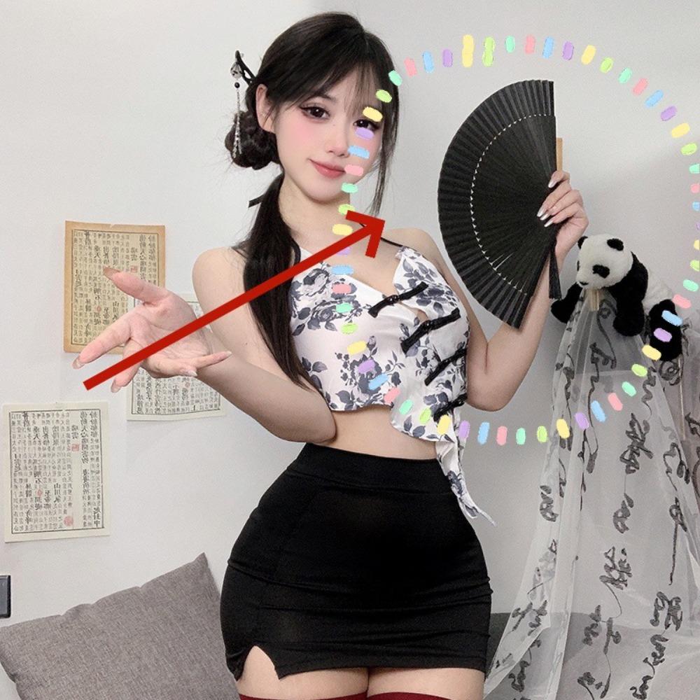 Ink Wash Misty Rain Sexy New Chinese Erotic Underwear Retro Slim Hip Skirt Spice Girl Lace-up Belly Pocket Suit Women