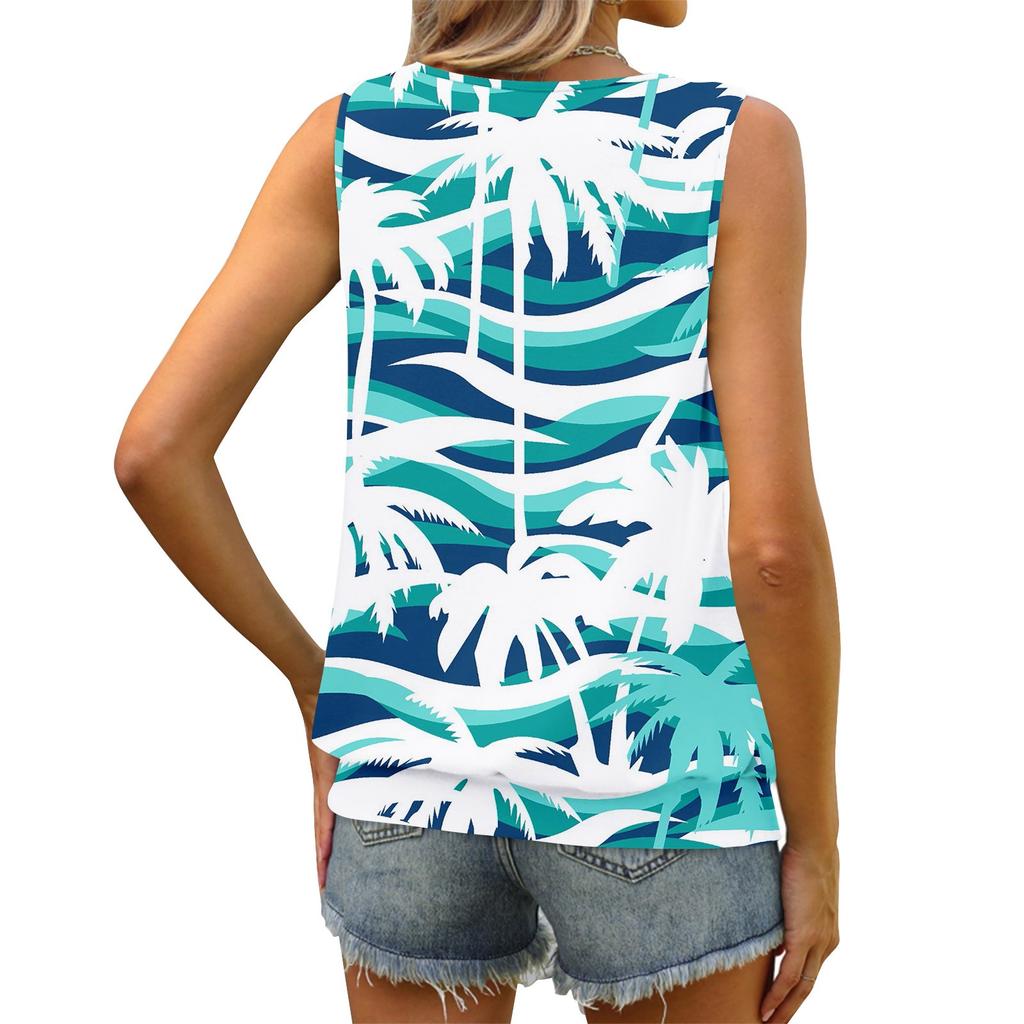 Women's Summer Vest Loose Pleated Round Neck Shirt Casual Sleeveless Top