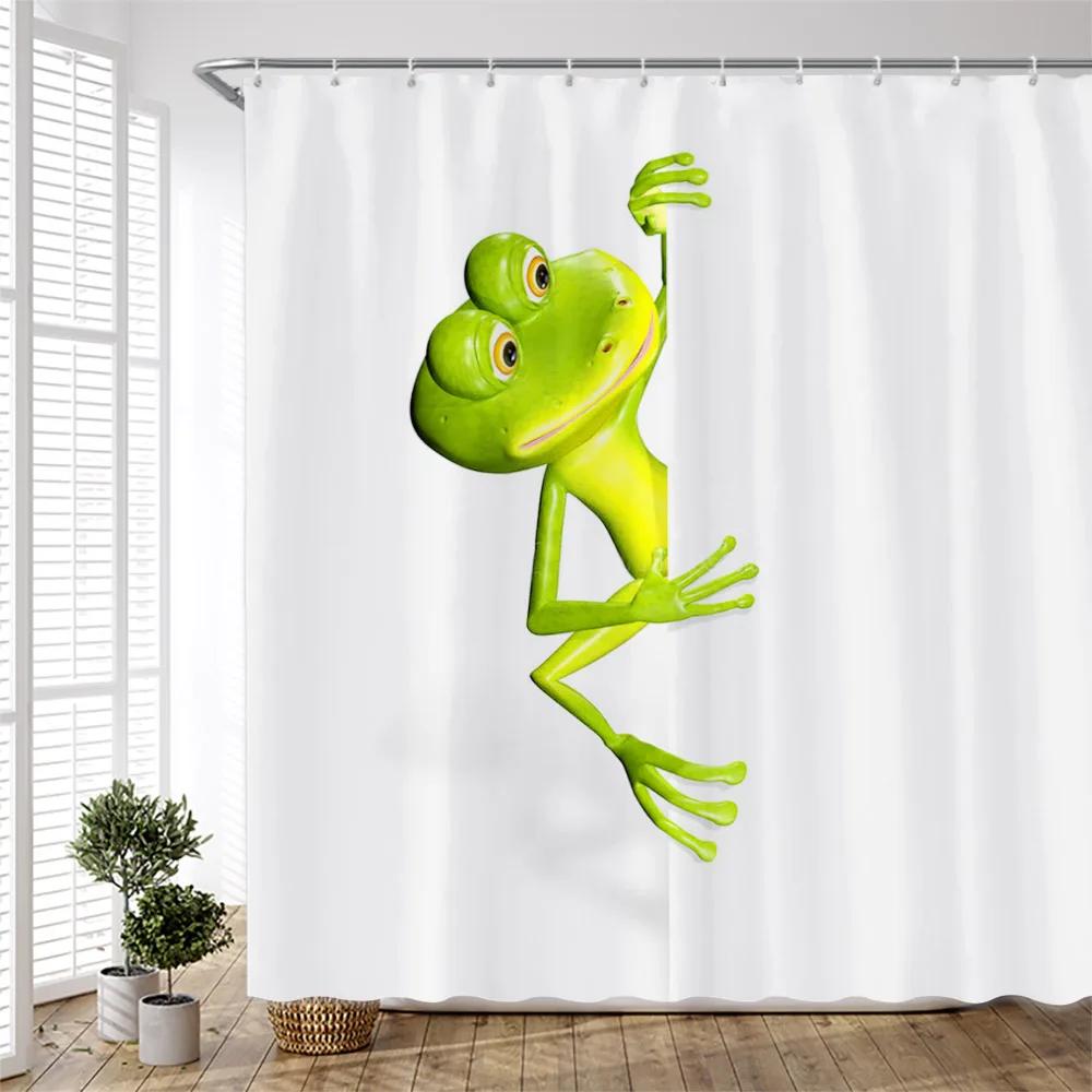 Cartoon Happy Green Frog Shower Curtain for Bathroom Children Bath Curtain Home Decor Polyester Washed Fabric Scenery with Hook