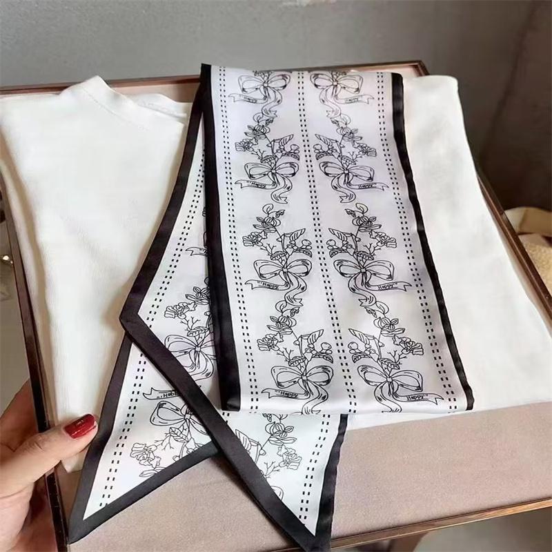 Fashion Blue Print Silk Scarf Women Soft Satin Horse Hairband Bevel Neckerchief Office Hijab Headband Foulard Bag Ribbons Gift