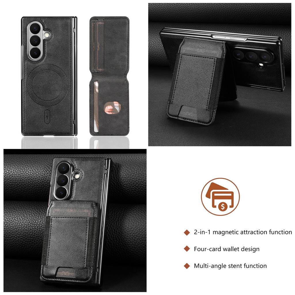 For Samsung Galaxy Z Fold 7 6 5 4 3  for Magsafe Magnetic Leather Hinge Phone Case Screen Protect Film Wallet Cards Holder Cover