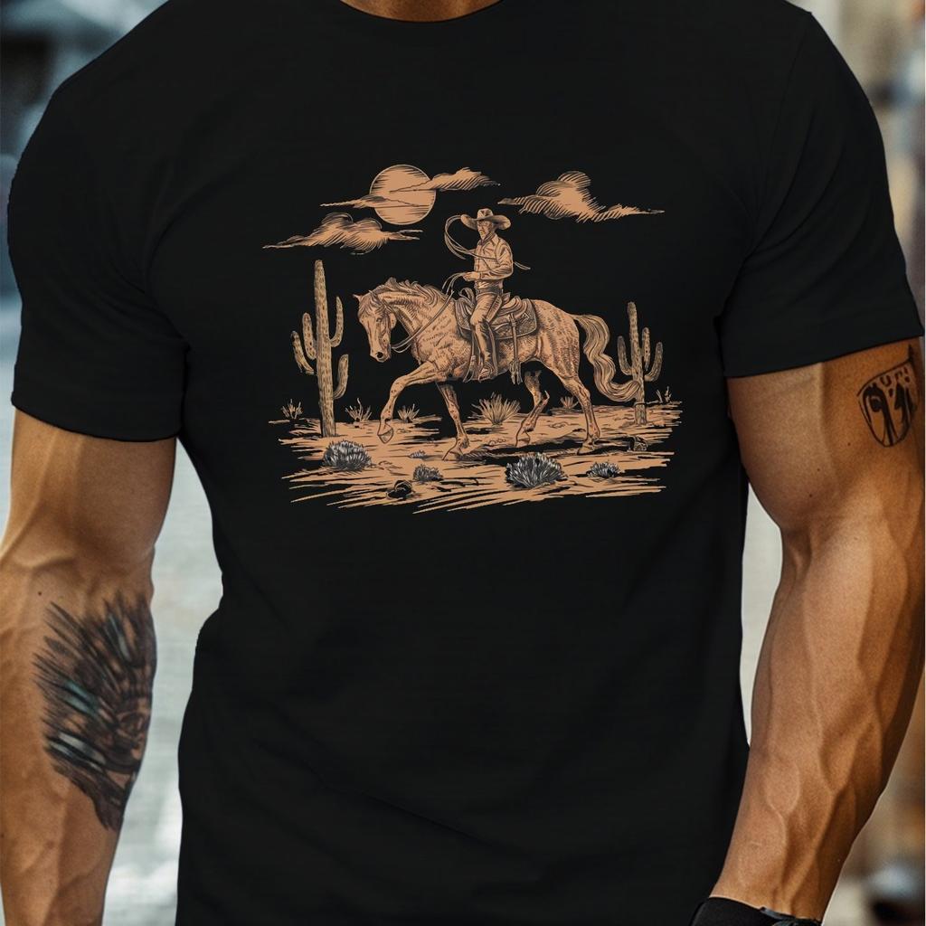 Cowboy Horse Riding Graphic Tee Mens Cotton Desert Scene Print Crew Neck Casual Short Sleeve TShirt