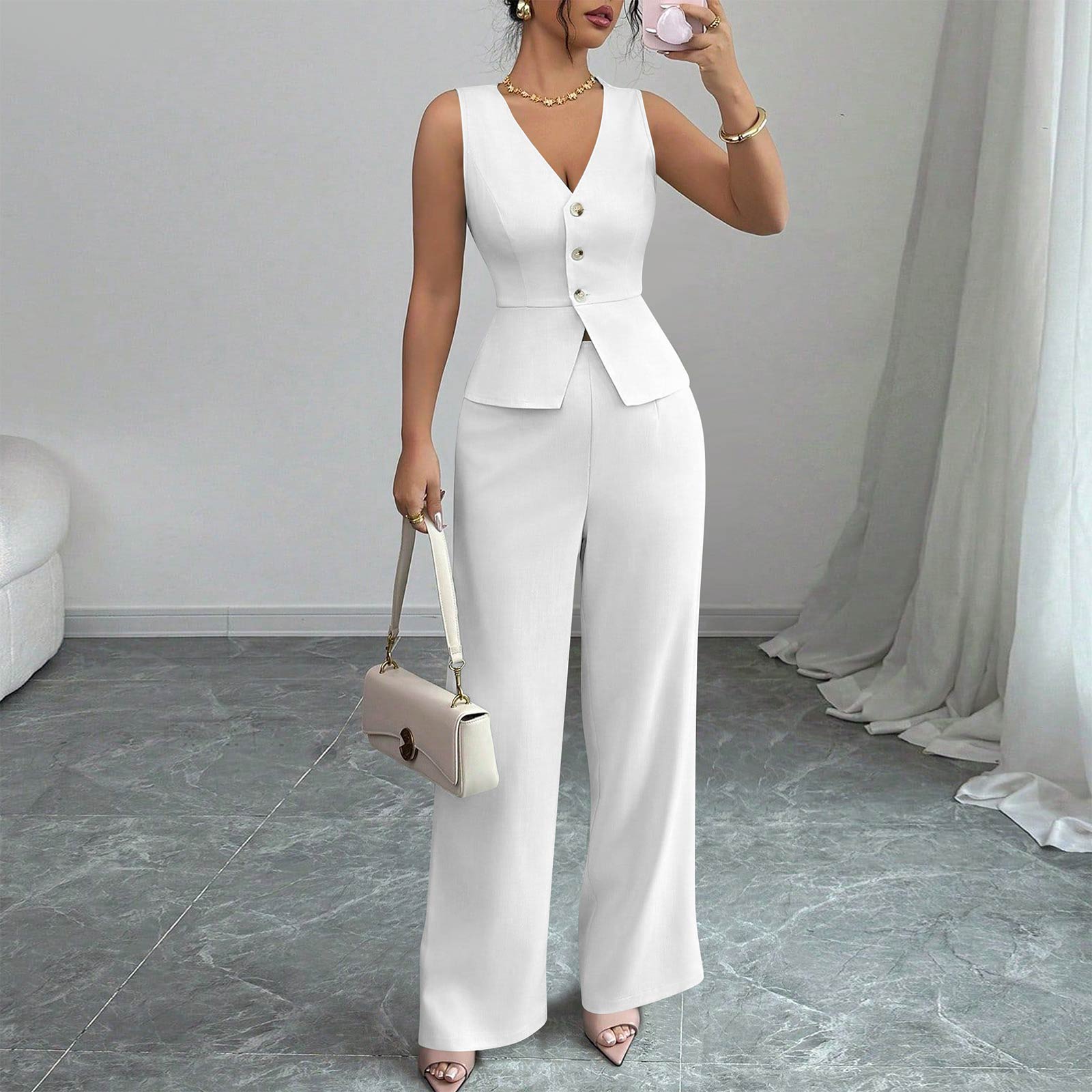 

Women s 2-Piece Fashion Casual Sleeveless Tailored Vest + V-Neck Loose Top + High-Waisted Wide-Leg Pants Loungewear Set L білий