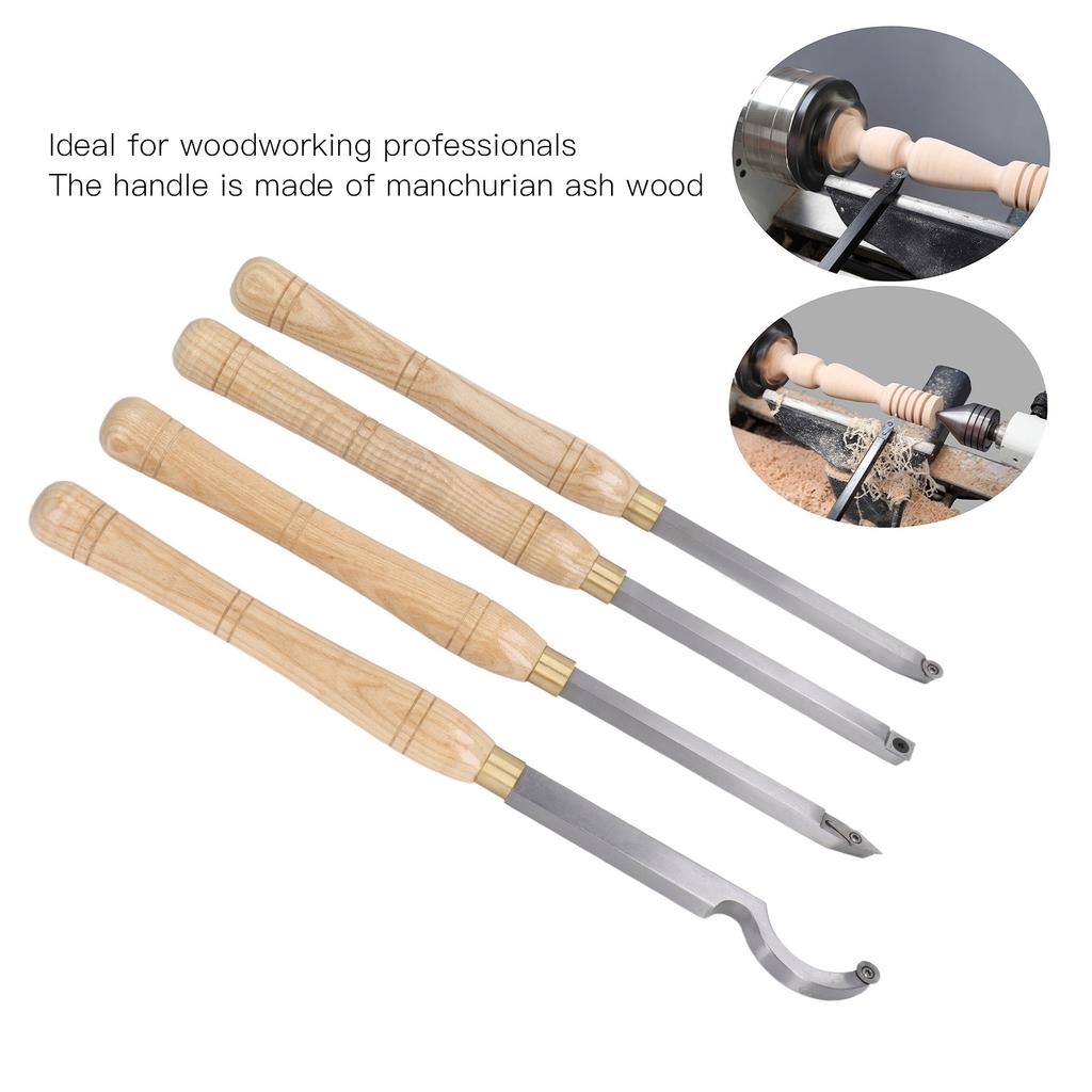4PCS Lathe Turning Tool Set Removable Wooden Handle Incisive Hard Alloy Steel Lathe Tool for Woodworking Removable Turning Tool