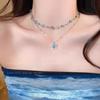 Cute Sweet Summer Style Blue Crystal Butterfly Double Layer Pendant Necklace for Women Charm Collarbone Chain Jewelry Accessory