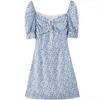 Summer Floral Midi Dress for Women 2024 Puff Sleeves Tie Up Slimming Waist