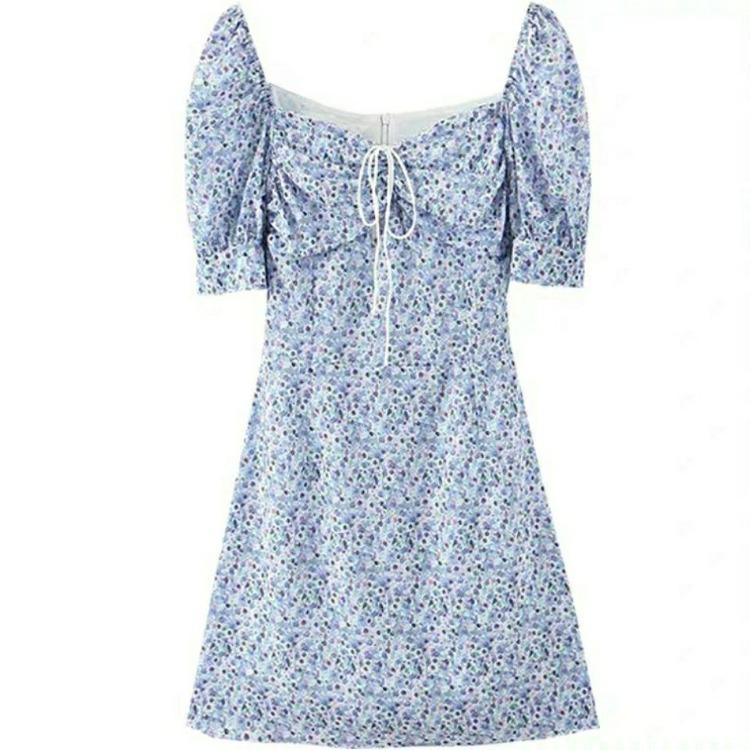 Summer Floral Midi Dress for Women 2024 Puff Sleeves Tie Up Slimming Waist