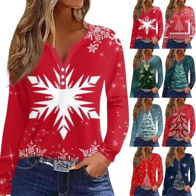 Women's Straight Shoulders Christmas Print Long Sleeve Straight Shoulders V-Neck Button T-Shirt Top