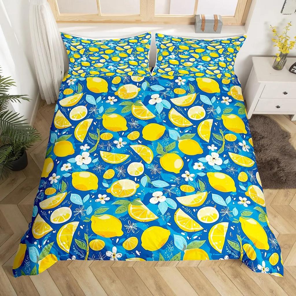 Lemon Duvet Cover Queen King Size For Girls Teens 3 Pcs Summer Cool Style Fruits Lemon Print Bedding Set, Leaves Comforter Cover