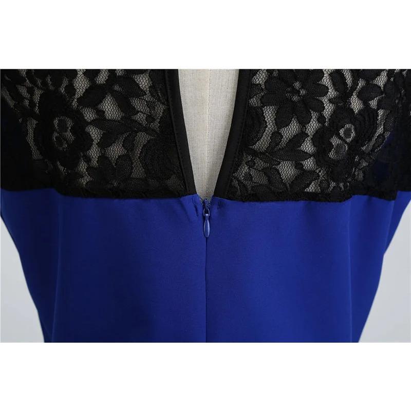 Blue Lace Patchwork Summer Women Elegant Vintage Party Dress Casual Office Ladies Dress