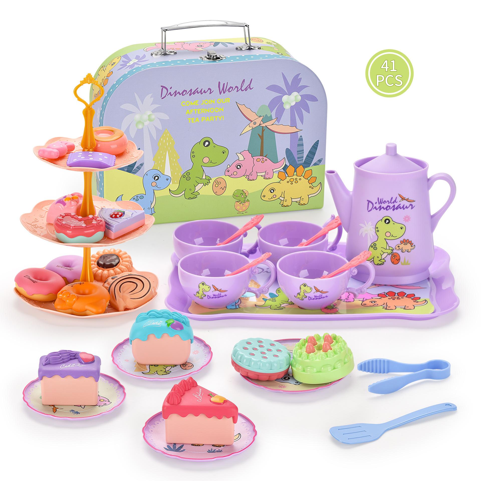 

Dinosaurs Tea Party Set For Little Girls Pretend Teapot Set Princess Play Kitchen Plaything With Dessert Carrying Case Birthday Gifts