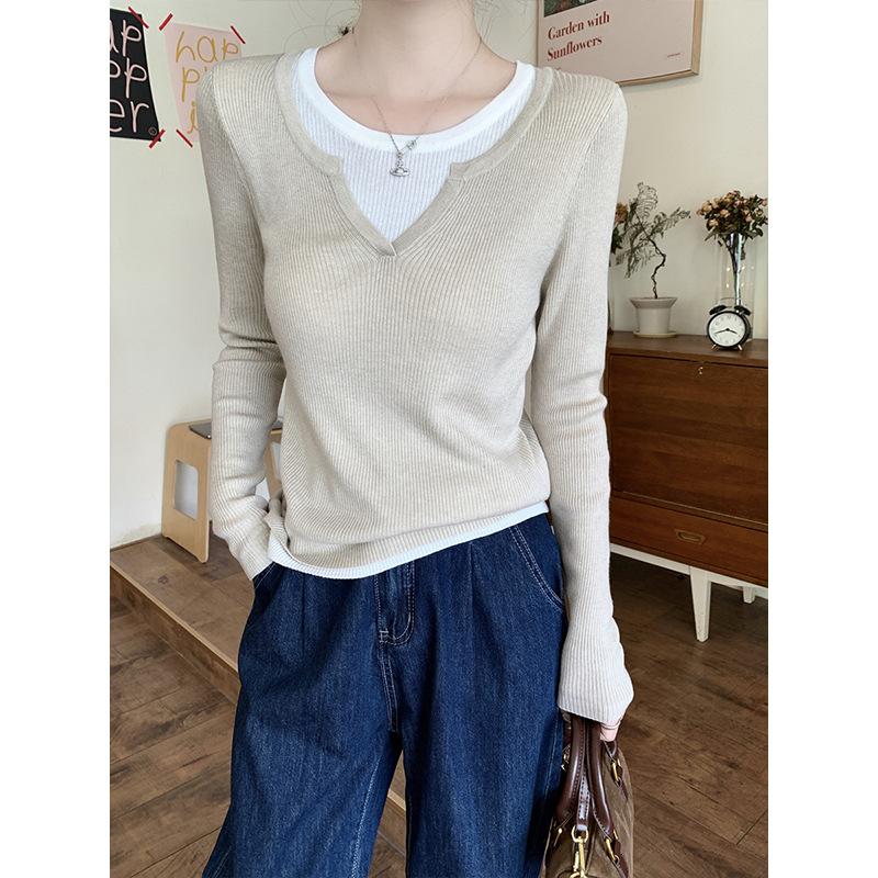 Spring New Casual Skinny Collar Fake Two Bottom Sweater Women's Fashion Lazy Commuter Long Sleeve Knitted Sweater