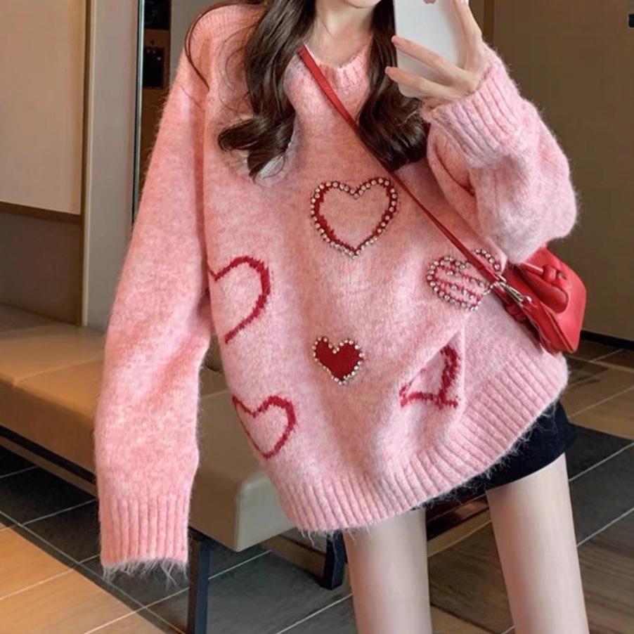 2025 Autumn/Winter Rhinestone Heart Pullover - Korean Style Loose Casual Sweater