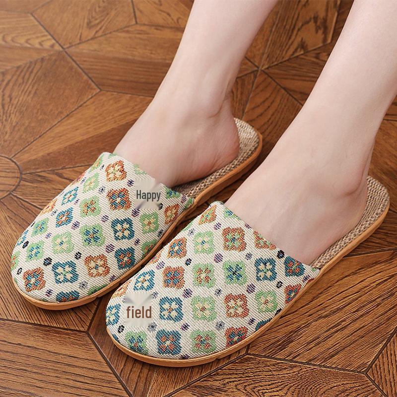 Women's Ethnic Floral Linen Sandals - Breathable Toe-Cover Slippers for Home