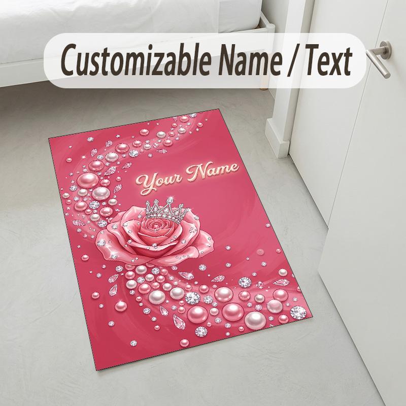Floral Garden Theme Crystal Velvet Rug Personalized Custom Name Text Soft Floor Mat Home Decor