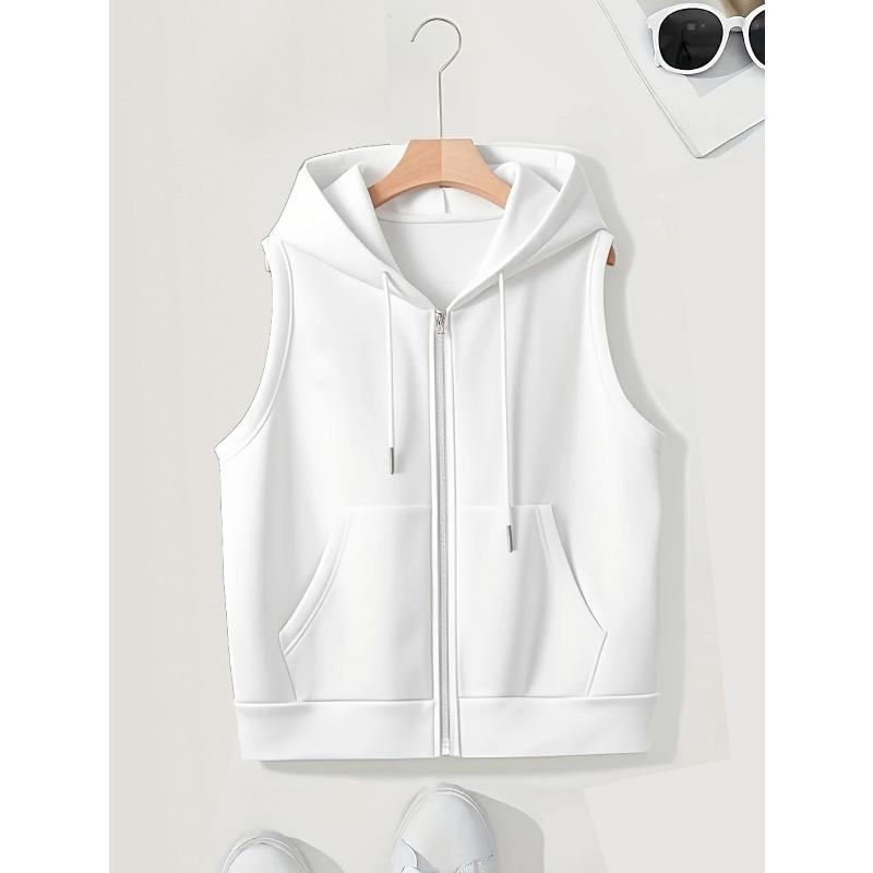 women s Plus Size Zip Up Hooded Sleeveless Vest Casual Loose Fit Waistcoat Autumn Layering Tank Top 1XL белый