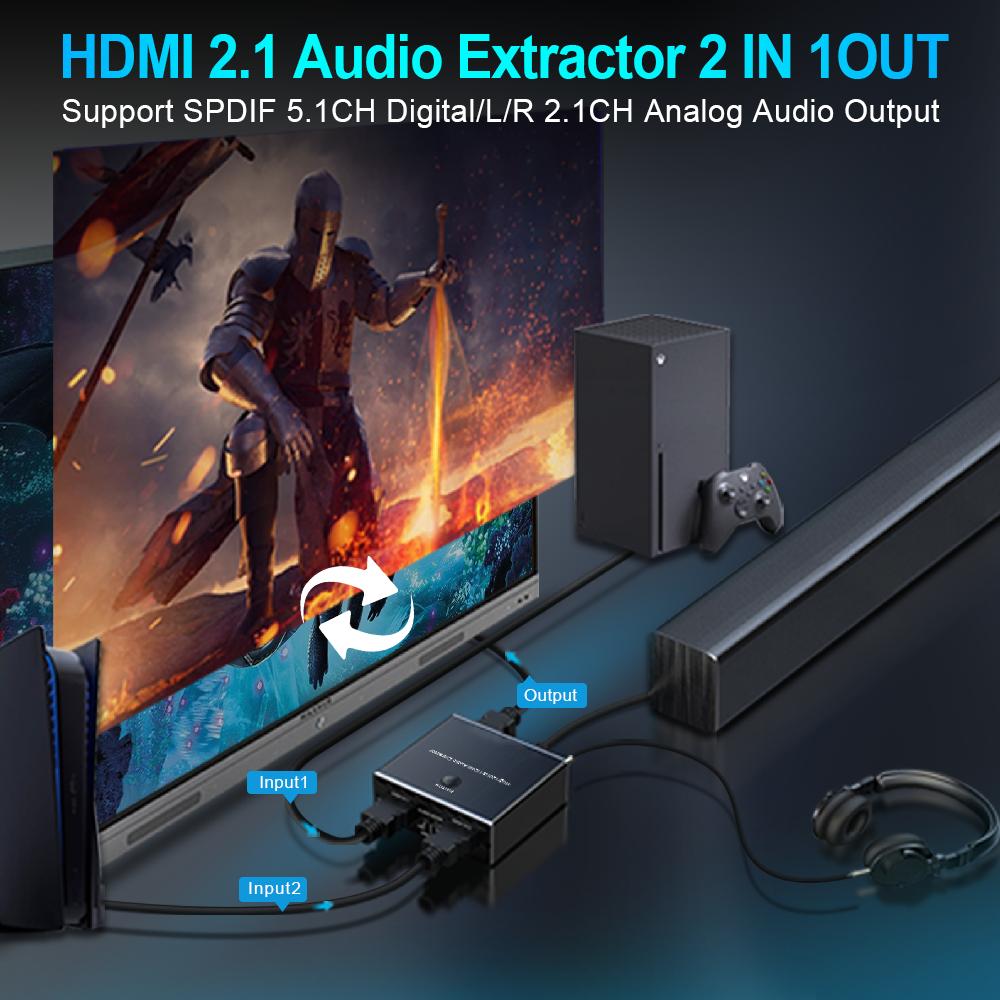 8K HDMI 2.1 Audio Extractor ARC 2 In 1 OUT CEC EDID HDMI Switch 2x1 for PS5 Amplifiers Soundbars
