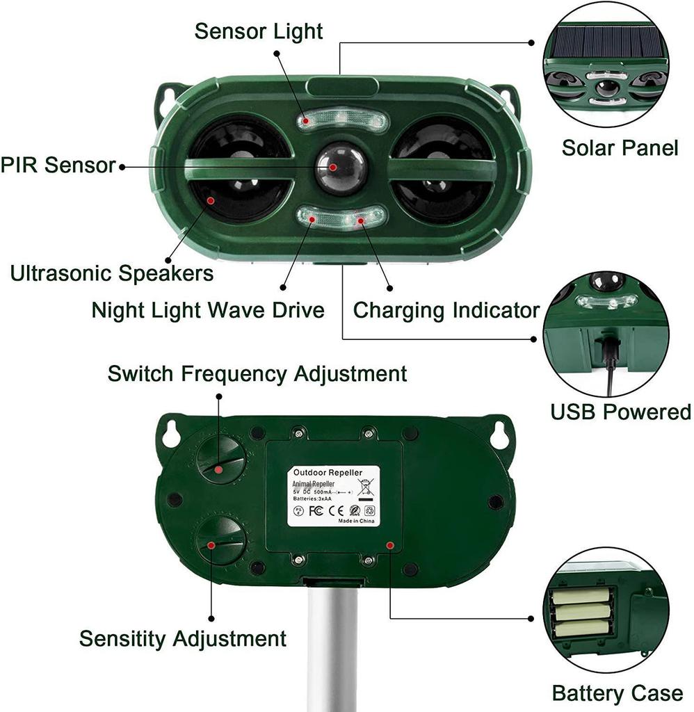 Solar Outdoor Animal Repellent: LED Strobe & Ultrasonic Bird, Dog, and Rodent Deterrent