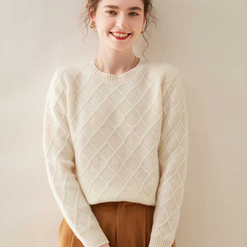 

Осень/Зима Женский кашемировый свитер с ромбовидным жаккардом, приталенного кроя, с круглым вырезом S for 85-100 lbs