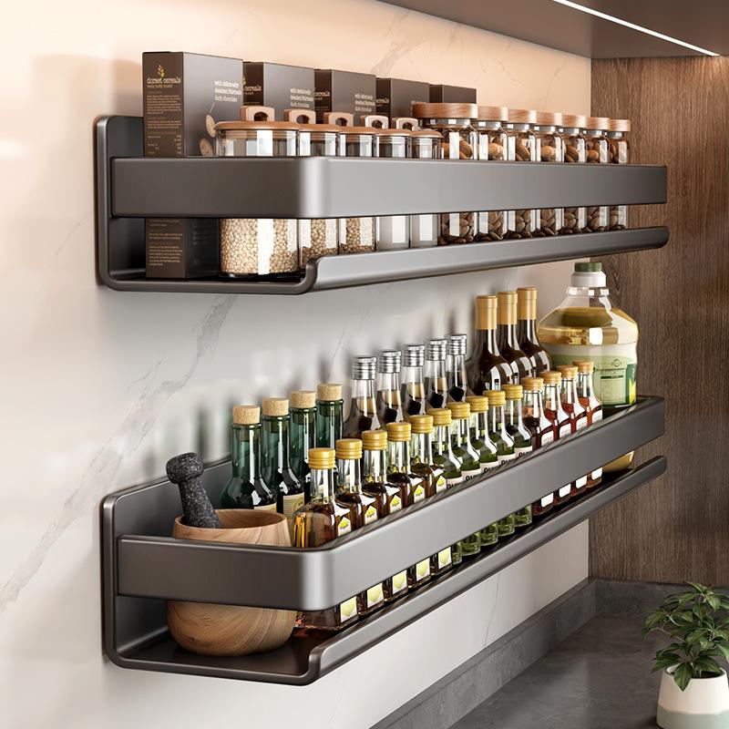 Luxury Kitchen Rack Condiment Jar Storage Rack No Punching Wall-Mounted Seasoning Storage Rack Kitchen Accessories Organizer