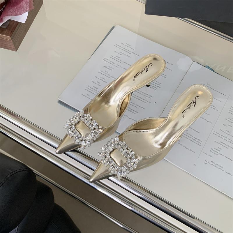Summer Street Women's Slippers Slim Fashion Pointed Rhinestone Gold Silver High Heels Party Wedding Shoes