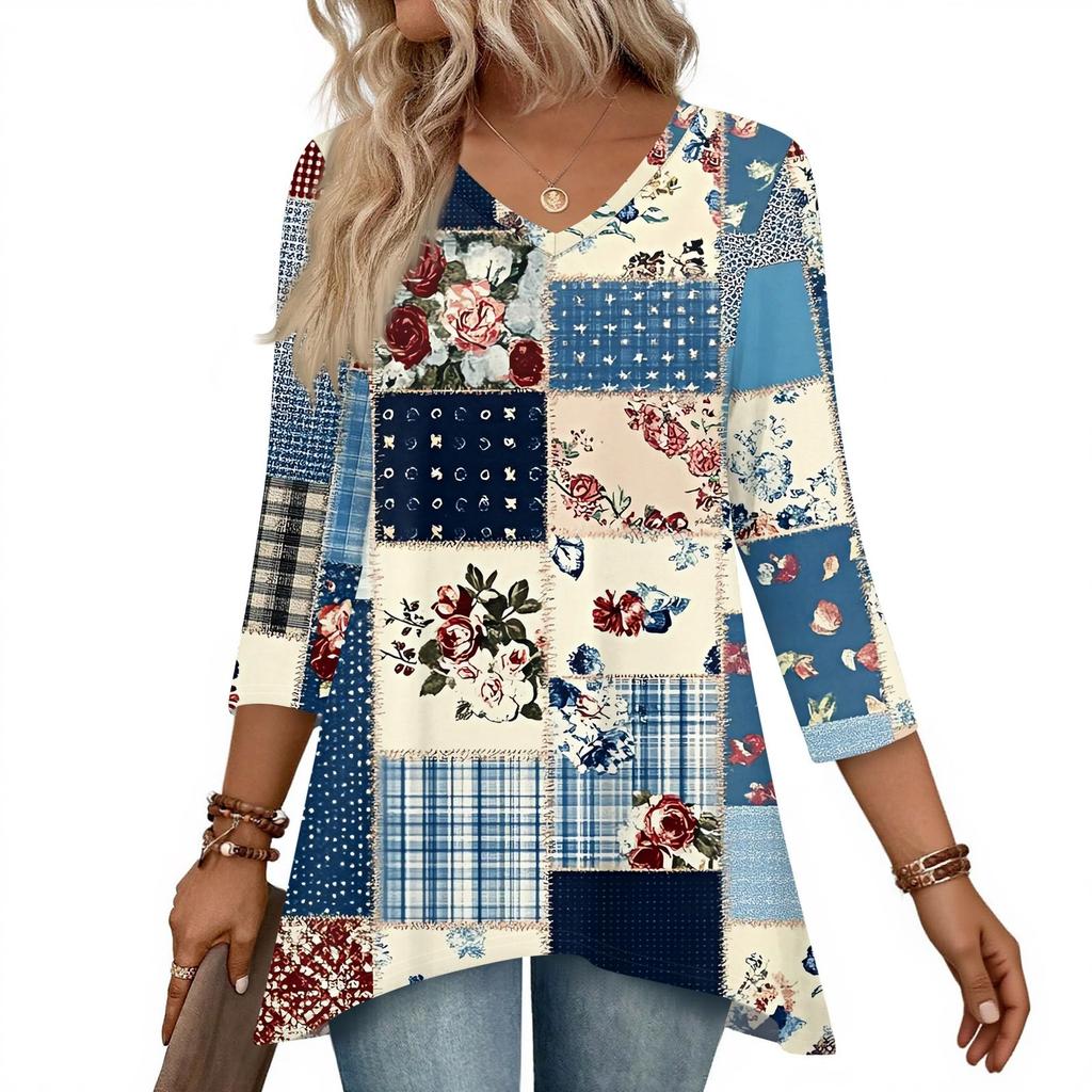 Dámské topy s výstřihem do V a 3/4 rukávem, ležérní košile střední délky, módní tuniky s potiskem