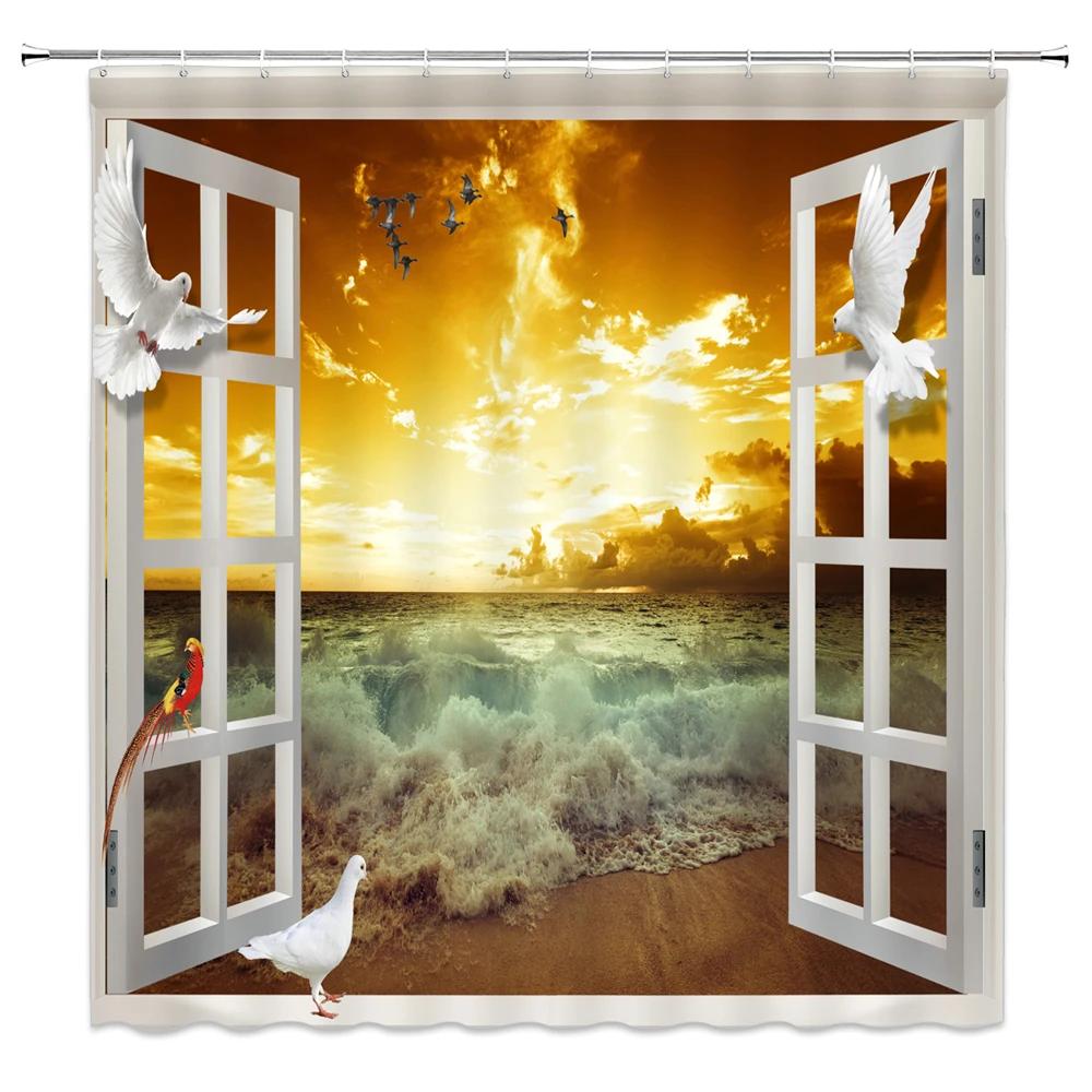 3D Shower Curtain Sunny Beach Seaside Landscape Printed Bathroom Curtain Waterproof Fabric With Hooks Home Decorate Bath Screen
