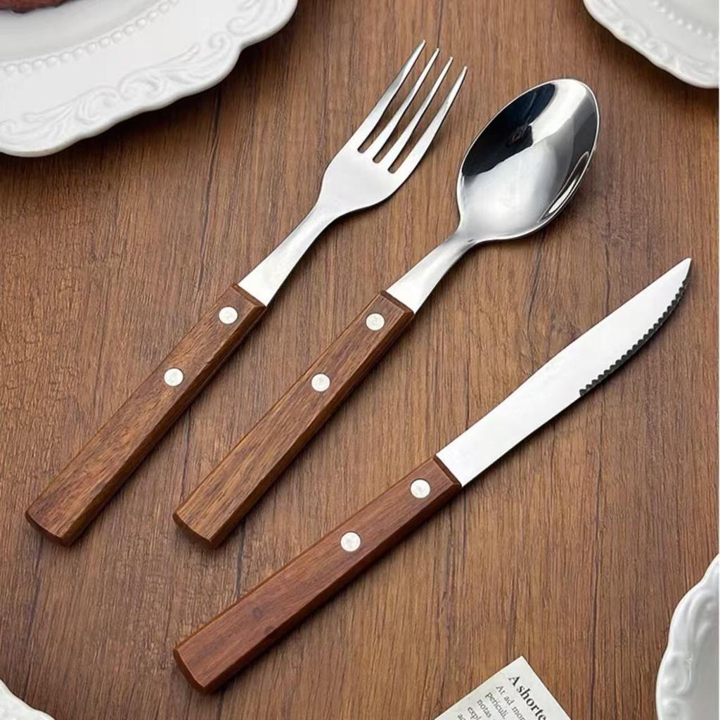 Japanese Korean Style Rosewood Handle Cutlery Set: 304 Stainless Steel Knife, Fork, and Spoon for Hotels and Restaurants