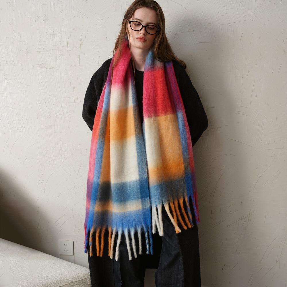 Scarf for Women Warm Chunky Winter Scarfs Plaid Shawl Wraps Warm Knit Thick Shawls Oversized Colorful Pink Grid Scarves