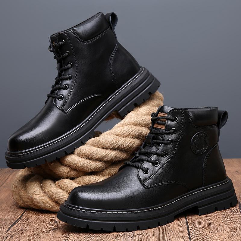 Rhubarb boots leather winter warm high-top locomotive thick-soled Martin boots men's big head tooling boots velvet men's leather boots