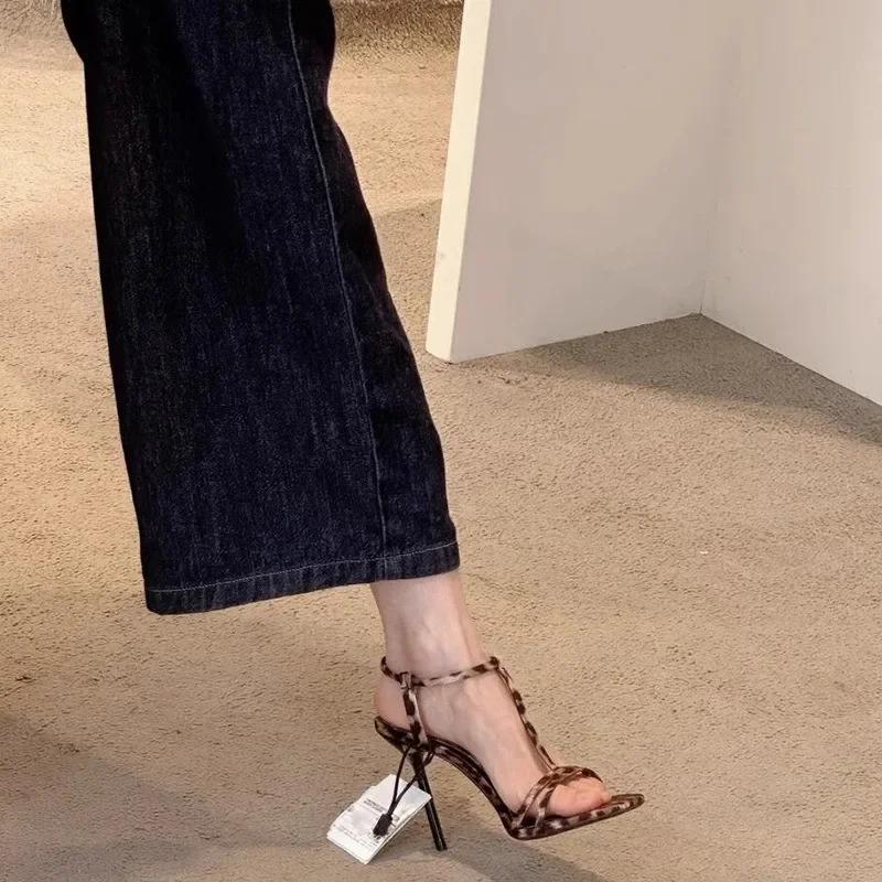 Leopard Print Ankle Strap Women's Sandals Summer Fashion Sexy Stiletto Heel Gladiator Sandals Narrow Strap Party Dress Pumps